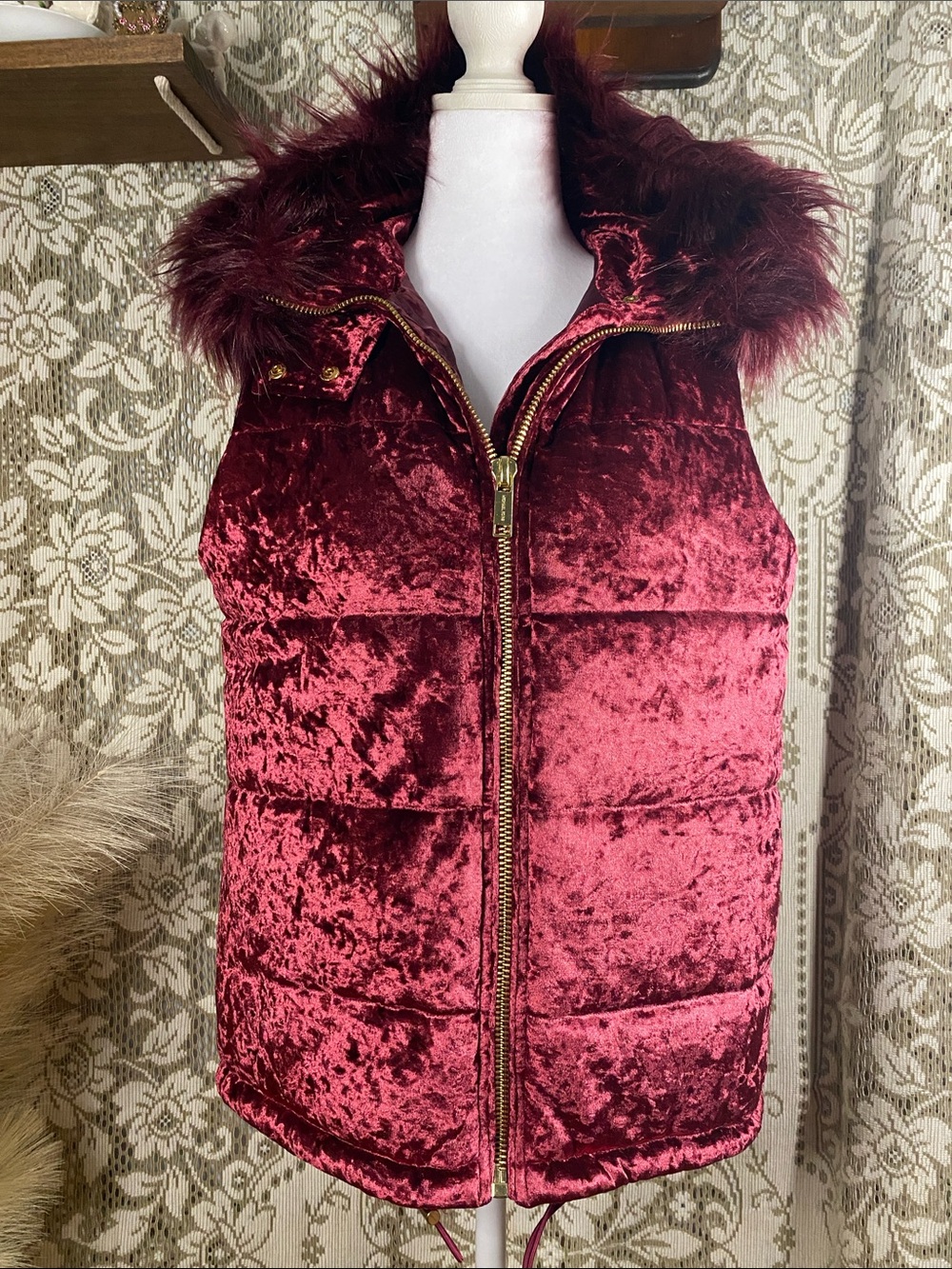 Michael Kors Velvet Puffer Vest with Faux Fur Hood in Burgundy